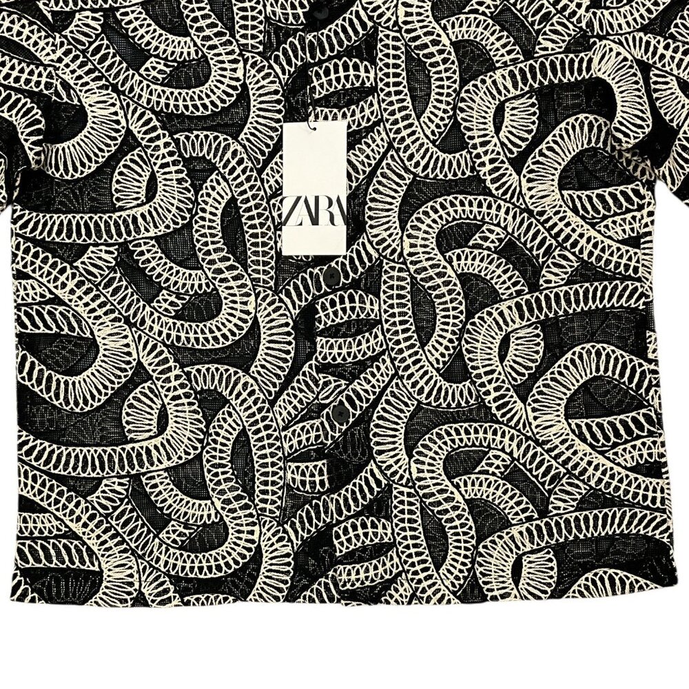 Zara Jacquard Shirt With Contrasting Details Top M Black Embroidery NEW - Picture 8 of 11